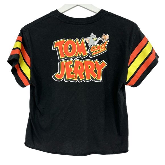 Tom and Jerry Crop Top Medium womens shirt graphic image black striped sleeves - Picture 7 of 7